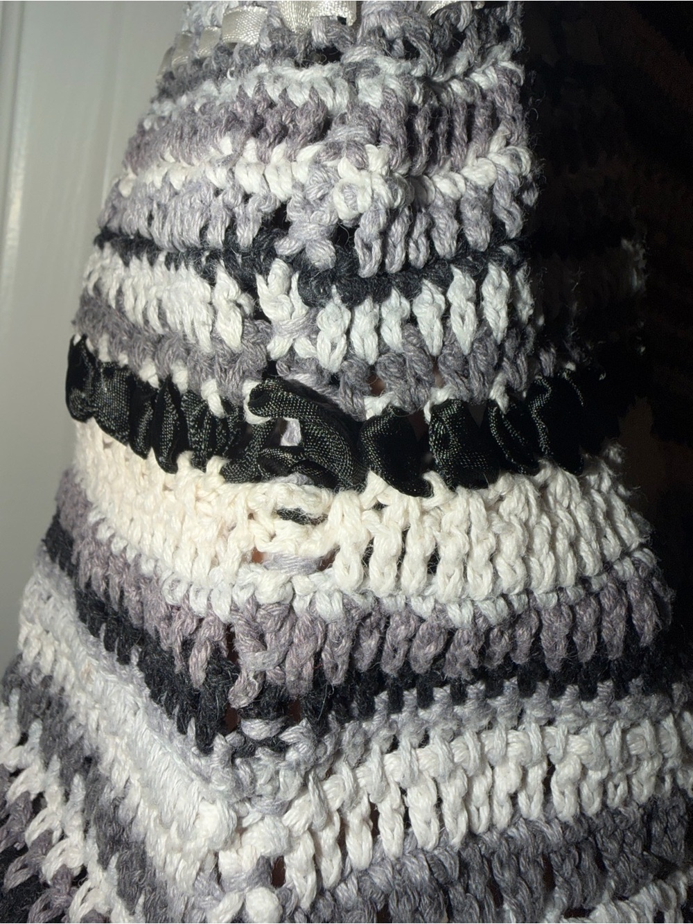 Kimberly Hunter Vintage Crochet Striped Vest With Ribbons— Black, Gray & Cream - Picture 6 of 6
